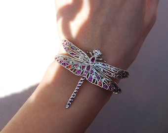 Silver Dragonfly Bracelet, Dragonfly bracelet with stones, Dragonfly jewelry, Butterfly cuff bracelet