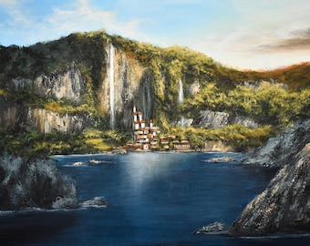 Druk Seaside City, gry, sztuka gier, sztuka krajobrazowa, gry wideo, sztuka gier wideo, fanart, fantasy, sztuka fantasy, malarstwo krajobrazowe, natura