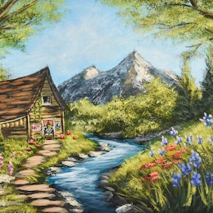 May include: An oil painting of a tranquil landscape featuring a wooden cabin, a river, and mountains. The cabin has a brown roof and a sign that says "HATS". The scene is framed by colourful wildflowers and verdant foliage.