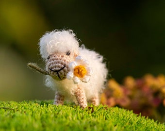 Micro miniature white crochet sheep with flower - micro crocheted tiny arts