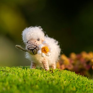 Micro miniature white crochet sheep with flower - micro crocheted tiny arts
