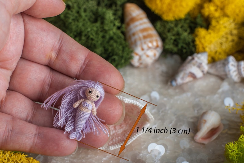 Micro miniature crochet mermaid figurine: tiny crochet tiny art mermaid in seashell, crochet amigurumi personalized gifts for nautical decor image 5