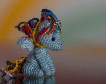 Micro Crochet Pegasus: Miniature Blue Amigurumi Fantasy Animal Figurine