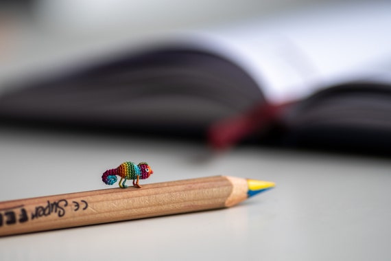 Micro crochet miniature rainbow chameleon tiny crochet animals, tiny stuffed animal figurine. Spring present, Mother's Day gifts