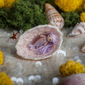 Micro miniature crochet mermaid figurine: tiny crochet tiny art mermaid in seashell, crochet amigurumi personalized gifts for nautical decor image 6