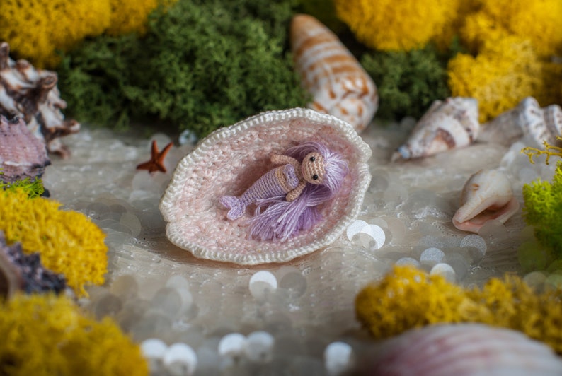 Micro miniature crochet mermaid figurine: tiny crochet tiny art mermaid in seashell, crochet amigurumi personalized gifts for nautical decor image 6