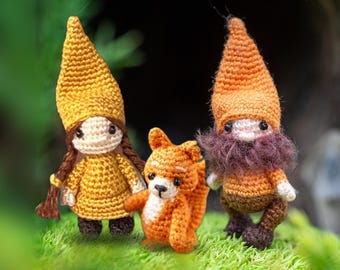 Micro Crochet Woodland Set – Forest Gnome, Gnome Girl and Squirrel – Tiny Autumn Miniatures