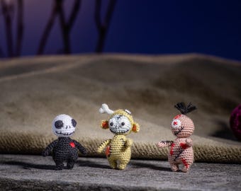 Micro Crochet Halloween Set – Monster, Zombie & Voodoo Doll – Tiny Handmade Amigurumi Dollhouse Miniatures