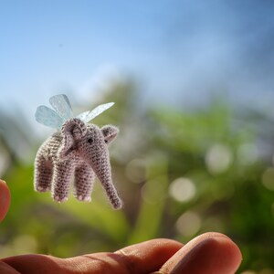 Dollhouse miniature elephant with wings: micro miniature tiny ukrainian art, mini animals crochet art, cute stuffed animal