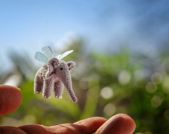 Dollhouse miniature elephant with wings: micro miniature tiny ukrainian art, mini animals crochet art, cute stuffed animal
