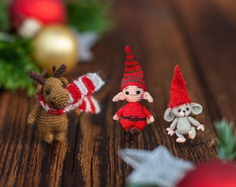 Micro Crochet Christmas Set – Mouse, Elf & Moose – Tiny Handmade Amigurumi Dollhouse Miniatures
