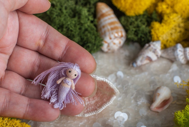 Micro miniature crochet mermaid figurine: tiny crochet tiny art mermaid in seashell, crochet amigurumi personalized gifts for nautical decor Mermaid