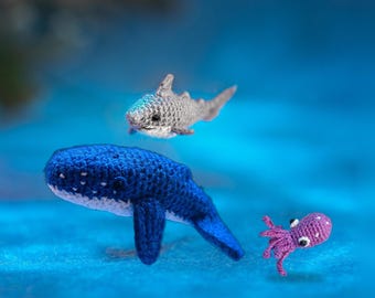 Micro Crochet Ocean Animal Set – Whale, Shark & Octopus – Tiny Handmade Amigurumi Dollhouse Miniatures