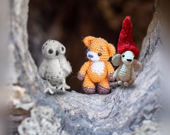 Micro Crochet Winter Woodland Christmas Set – Snowy Owl, Fox & Mouse – Tiny Handmade Dollhouse Miniatures