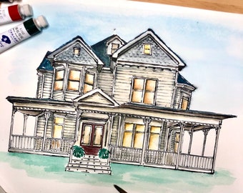 hand painted house portrait custom from your photo. House warming gift. Realtor Gift. Watercolour house portrait