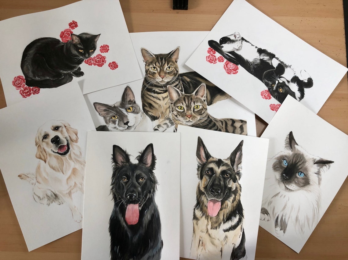 Custom Watercolour Pet Portrait, Dog Cat Memorial Gift - Etsy