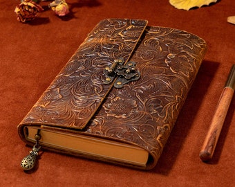 Vintage Embossed Leather Journal with Lock Clasp - Premium Full-Grain Leather Notebook