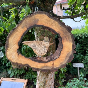 Large wind chime made of walnut wood, hollow large tree disc with hand-made ceramic bird image 1