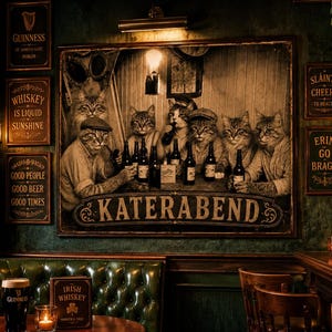 Könnte beinhalten: Ein großes rechteckiges Wandbild mit dem Titel KATERABEND, das eine sepiafarbene Illustration von sechs in Menschenkleidung gekleideten Katzen zeigt, die an einem Kneipentisch mit Bierflaschen sitzen. Das Bild hängt in einem dunkelgrünen Pub.