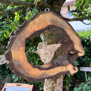 Large wind chime made of walnut wood, hollow large tree disc with hand-made ceramic bird image 6