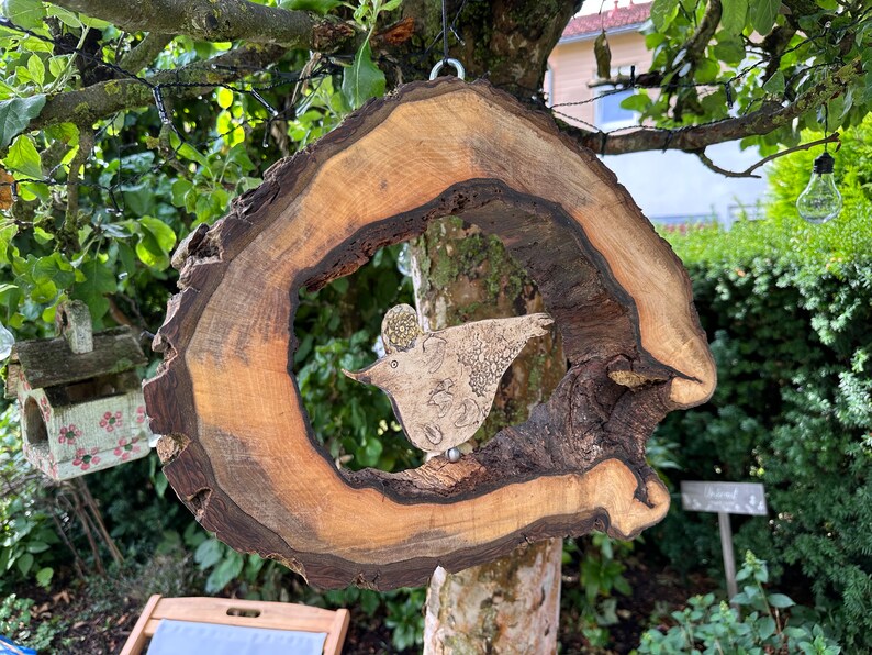 Large wind chime made of walnut wood, hollow large tree disc with hand-made ceramic bird image 6