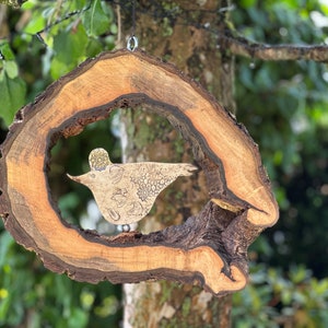 Large wind chime made of walnut wood, hollow large tree disc with hand-made ceramic bird image 7