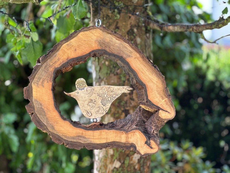 Large wind chime made of walnut wood, hollow large tree disc with hand-made ceramic bird image 7