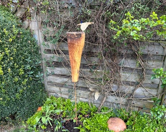 Large garden stake made of walnut wood with a hand-made ceramic bird, handmade wooden art unique piece