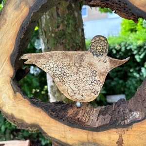 Large wind chime made of walnut wood, hollow large tree disc with hand-made ceramic bird image 2