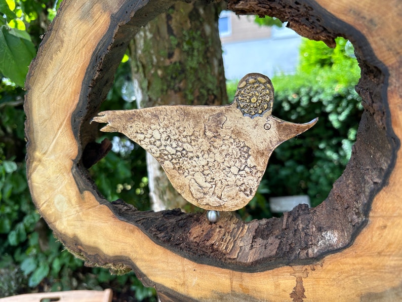 Large wind chime made of walnut wood, hollow large tree disc with hand-made ceramic bird image 2