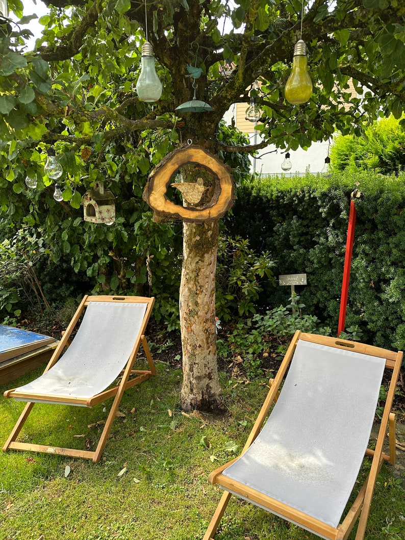 Large wind chime made of walnut wood, hollow large tree disc with hand-made ceramic bird image 5