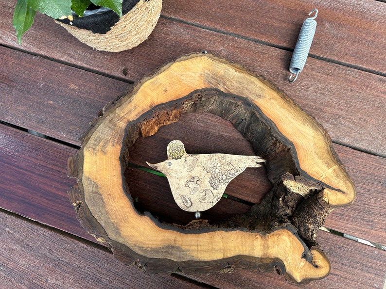 Large wind chime made of walnut wood, hollow large tree disc with hand-made ceramic bird image 10