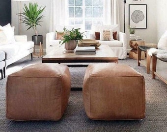 70% Off,Set of 2 amazing square Ottoman Pouffe Moroccan leather, ottoman square pouf,Tan handmade footstool square pouffe Moroccan