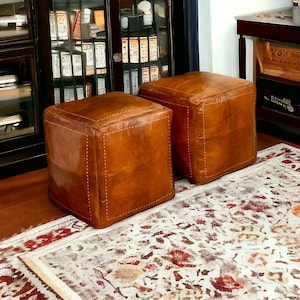 70% Off,Set of 2 amazing square Ottoman Pouffe Moroccan leather, ottoman square pouf,Tan handmade footstool square pouffe Moroccan