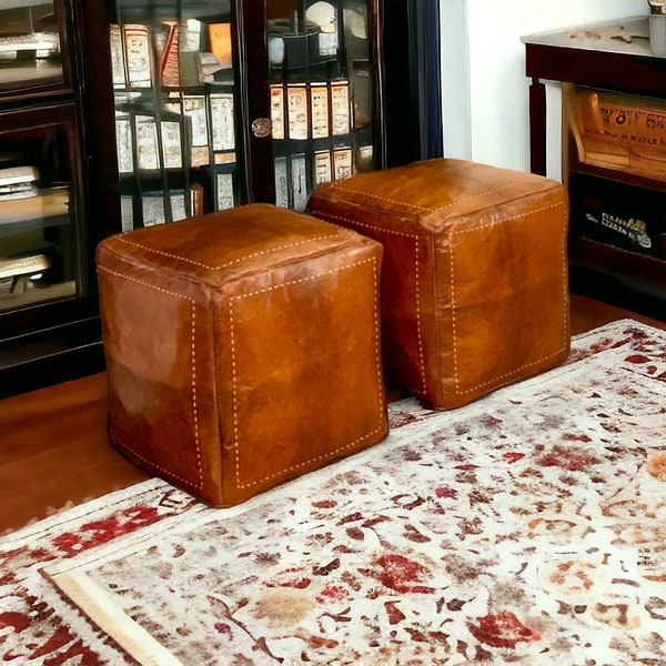 70 % de réduction, ensemble de 2 incroyables poufs ottomans carrés en cuir marocain, pouf carré ottoman, pouf carré de tabouret fait main beige marocain