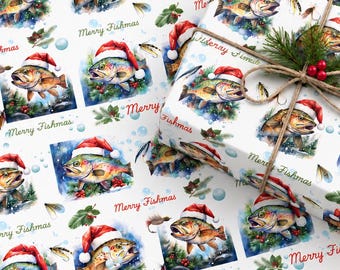 Fishing Wrapping Paper Christmas Gift Wrap Trout Fly Fishing Holiday Wrap Angler Christmas Fisherman Gift Santa Hat Watercolor Fish Themed