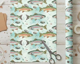 Papel de regalo de cumpleaños con diseño de trucha, ideal para regalar a papá. Papel de regalo de pesca de primera calidad para novio. Papel de regalo con diseño de trucha para pescadores.