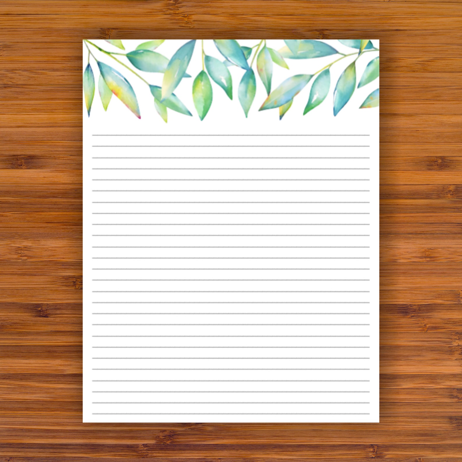 printable lined writing paper green watercolor leaves a4 etsy