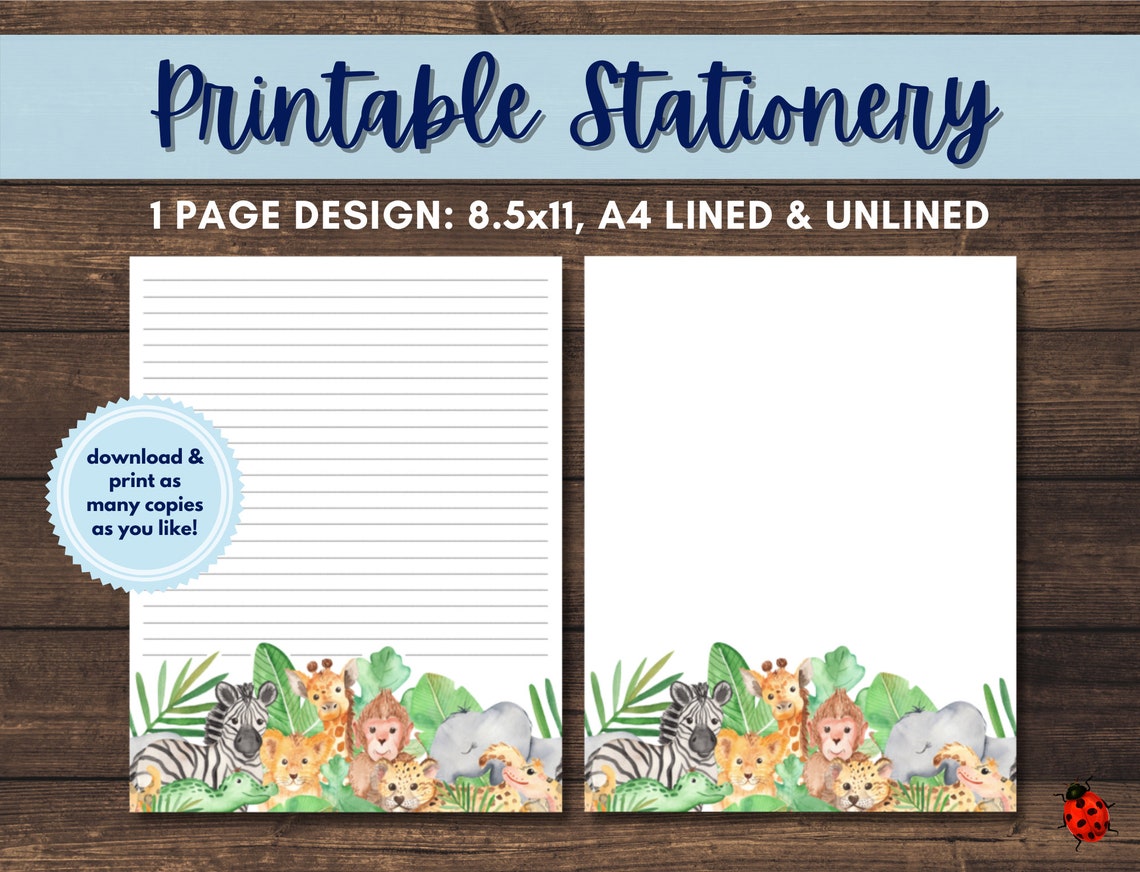Printable Stationery: Jungle Animals A4 8.5x11 Instant - Etsy