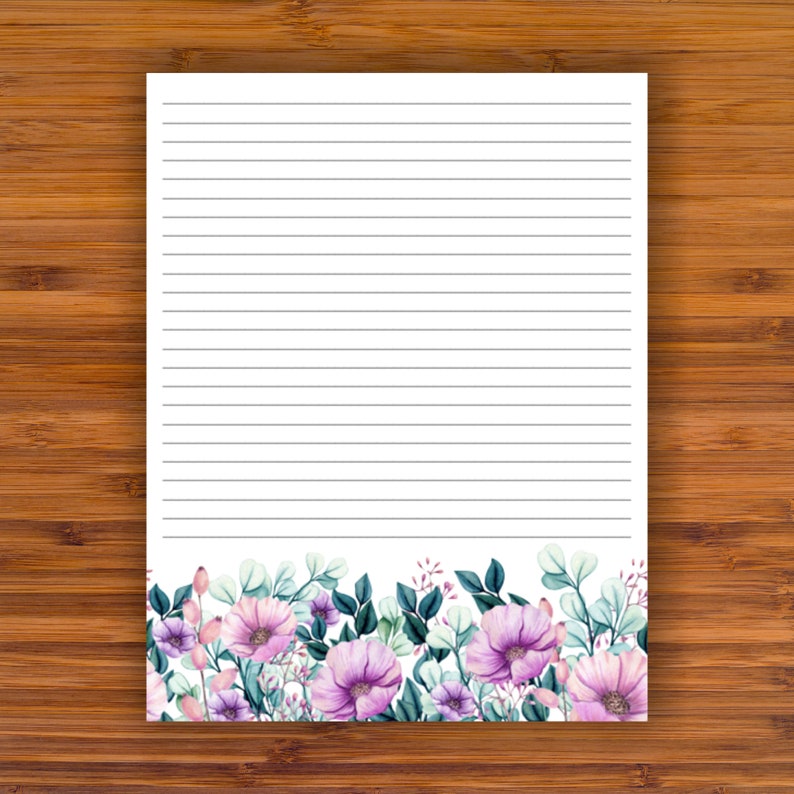 Printable Lined Writing Paper Purple Flower Garden A4 Etsy