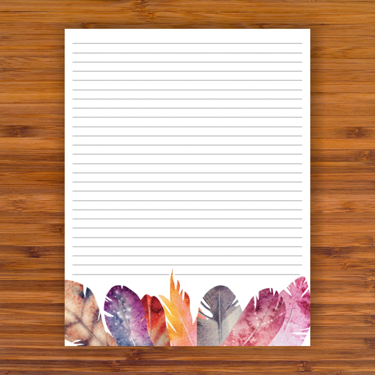 Printable Lined Writing Paper Colorful Feathers A4 8.5x11 Etsy