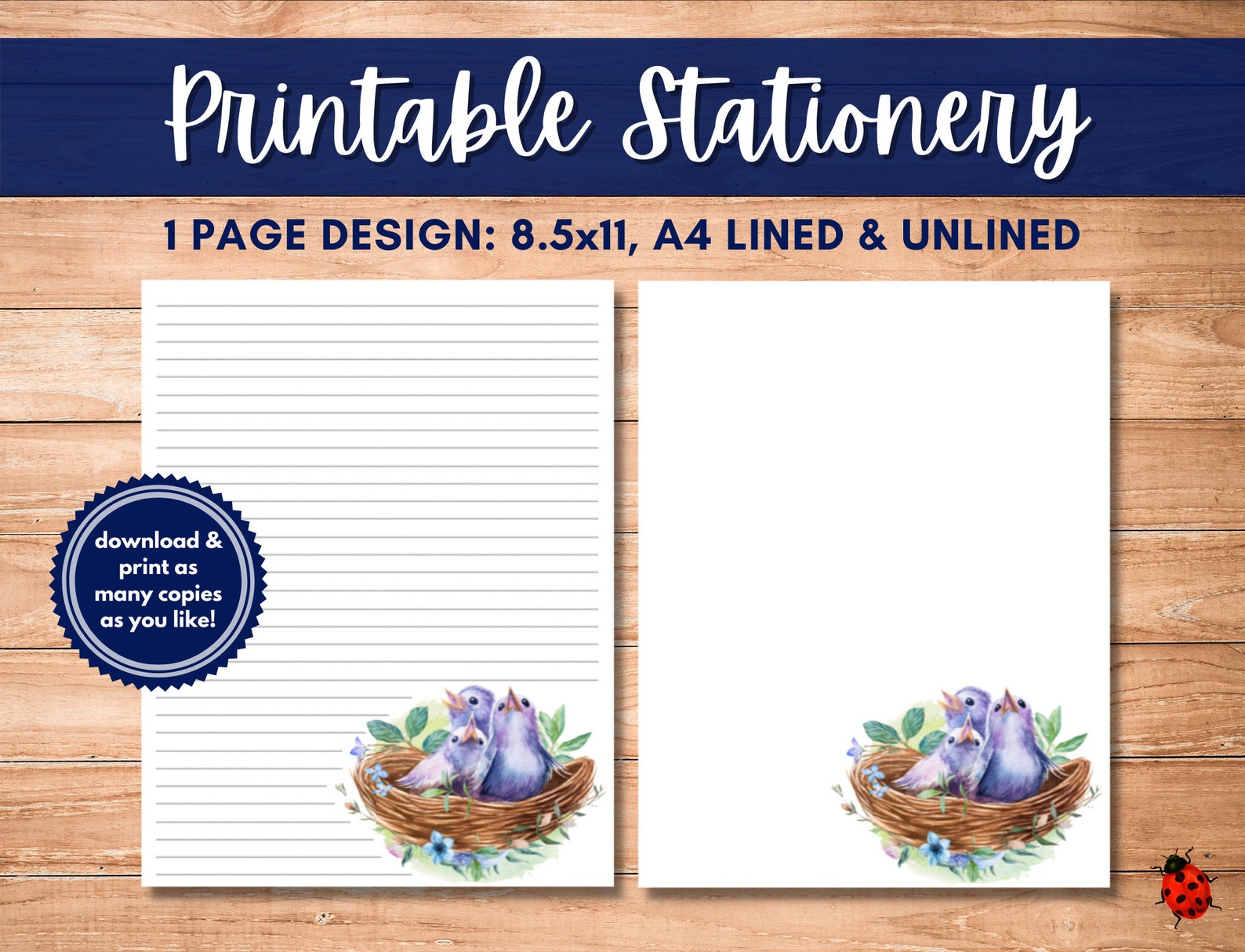 Printable Stationery Baby Birds A4 8.5x11 Instant Etsy