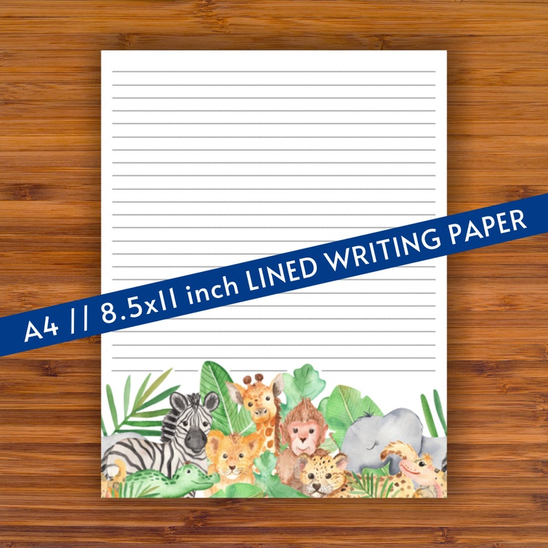 Printable Lined Writing Paper: Jungle Animals A4 8.5x11 | Etsy
