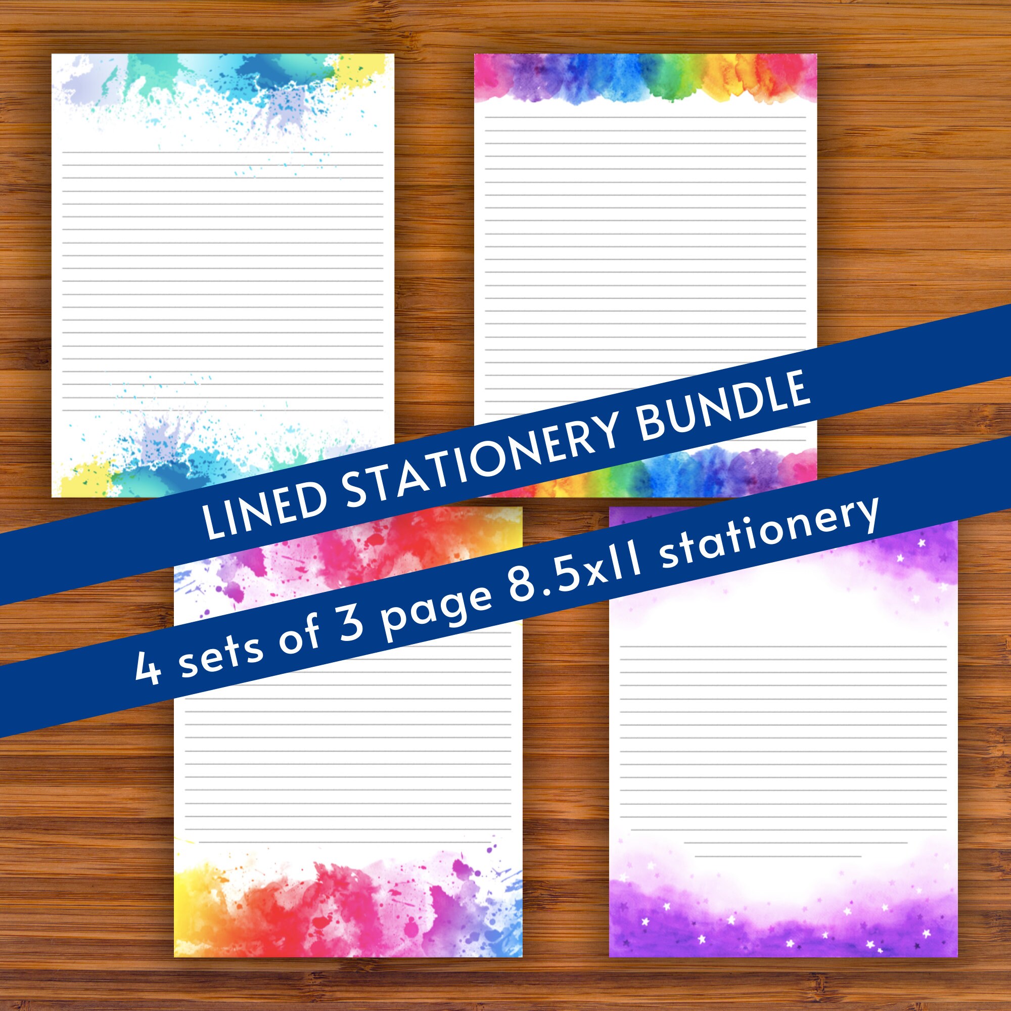 printable lined writing paper bundle rainbow watercolor a4 etsy