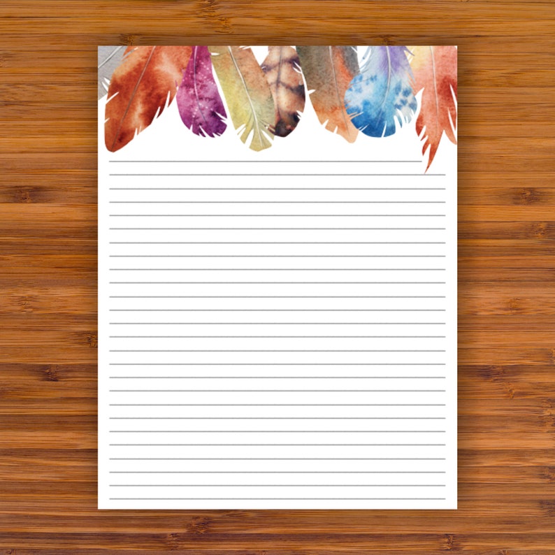 printable lined writing paper colorful feathers a4 85x11