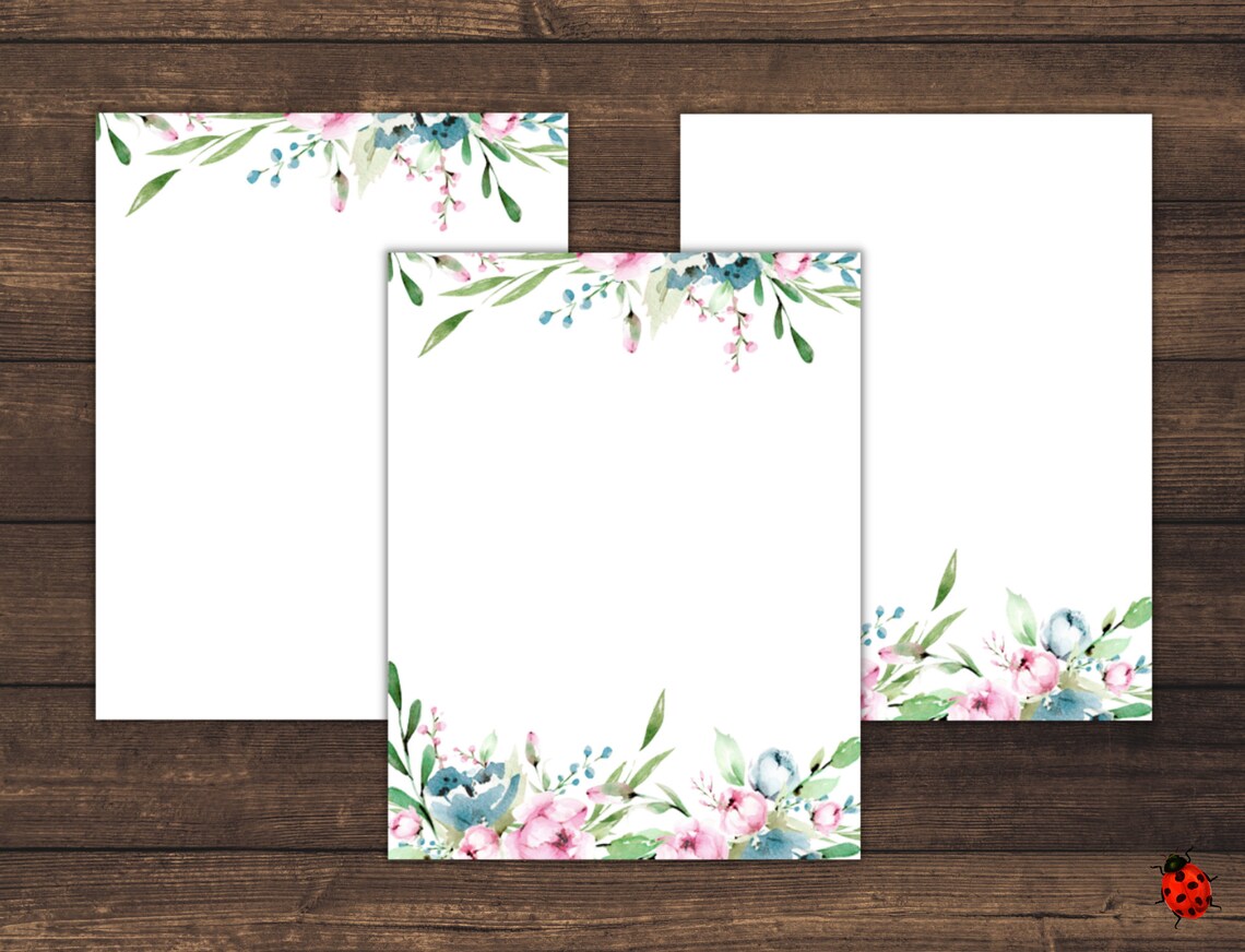 Printable Stationery: Blue &amp; Pink Watercolor Floral A4 | Etsy