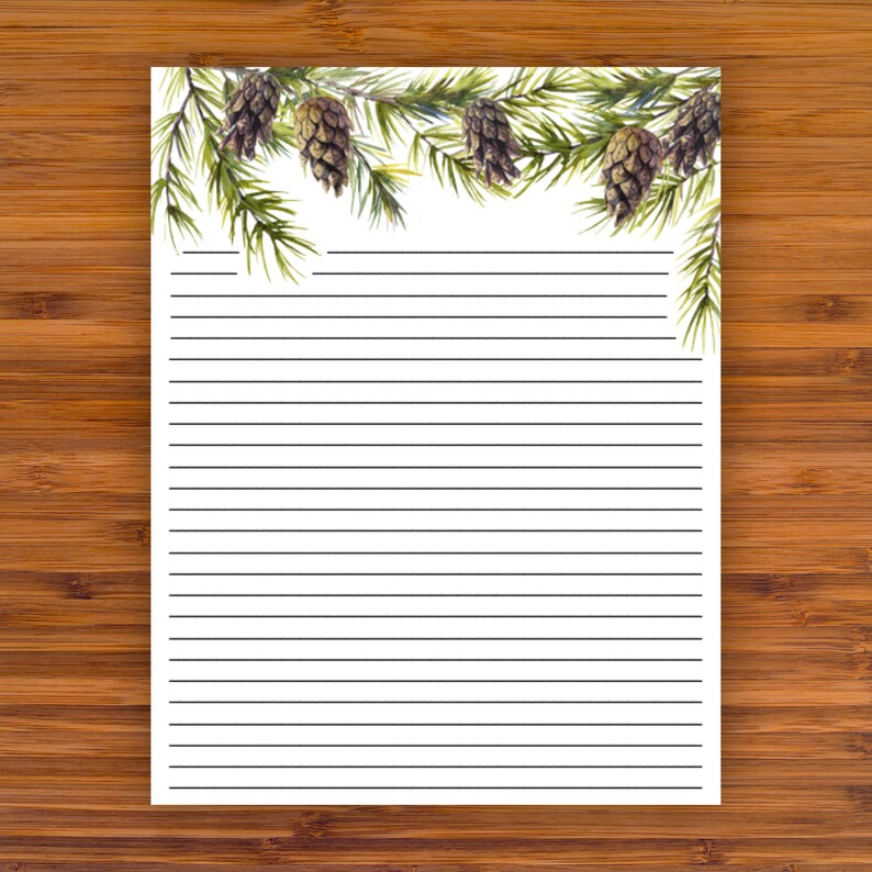 printable lined writing paper evergreen pinecones a4 etsy
