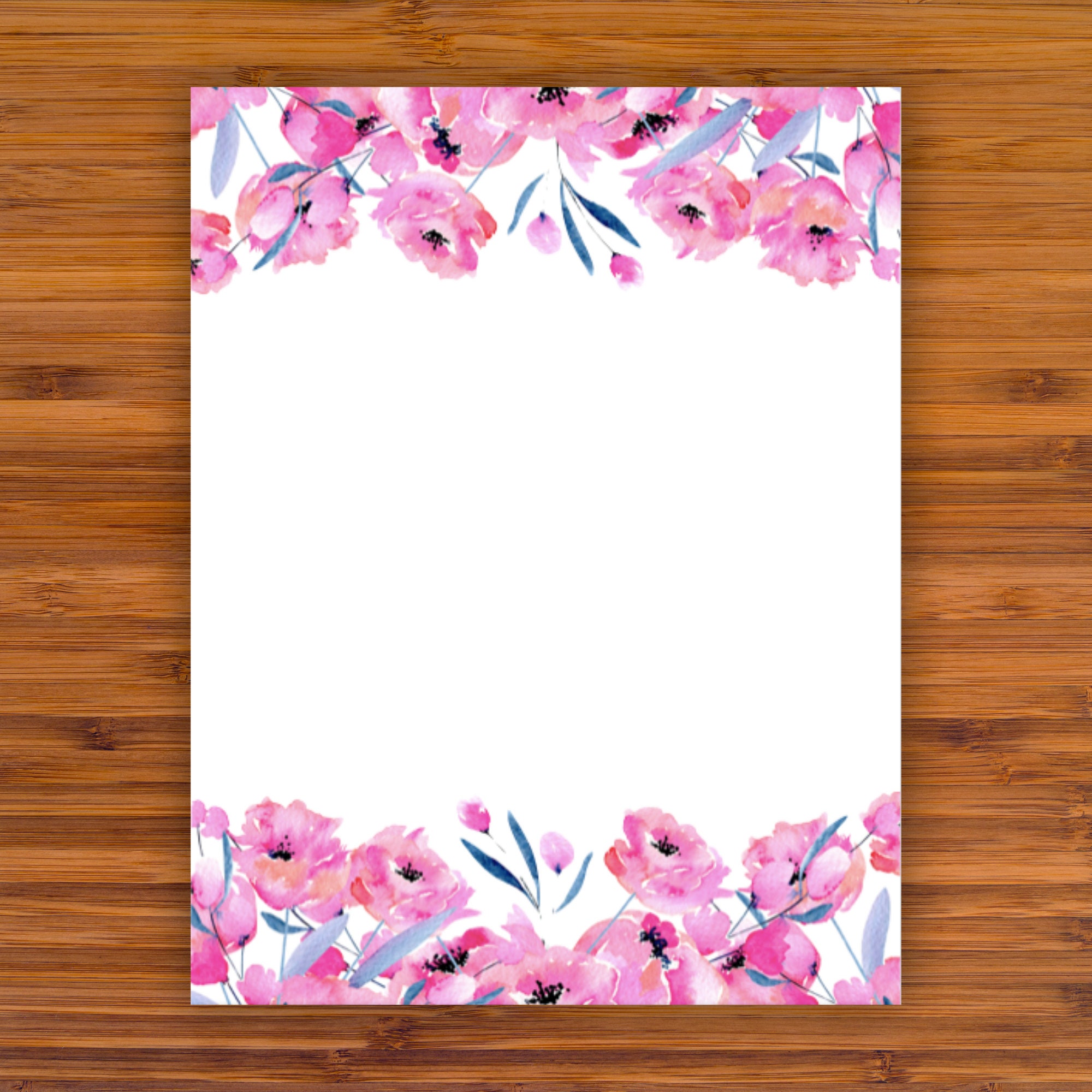 Printable Stationery Pink Watercolor Flowers A4 8.5x11 Etsy