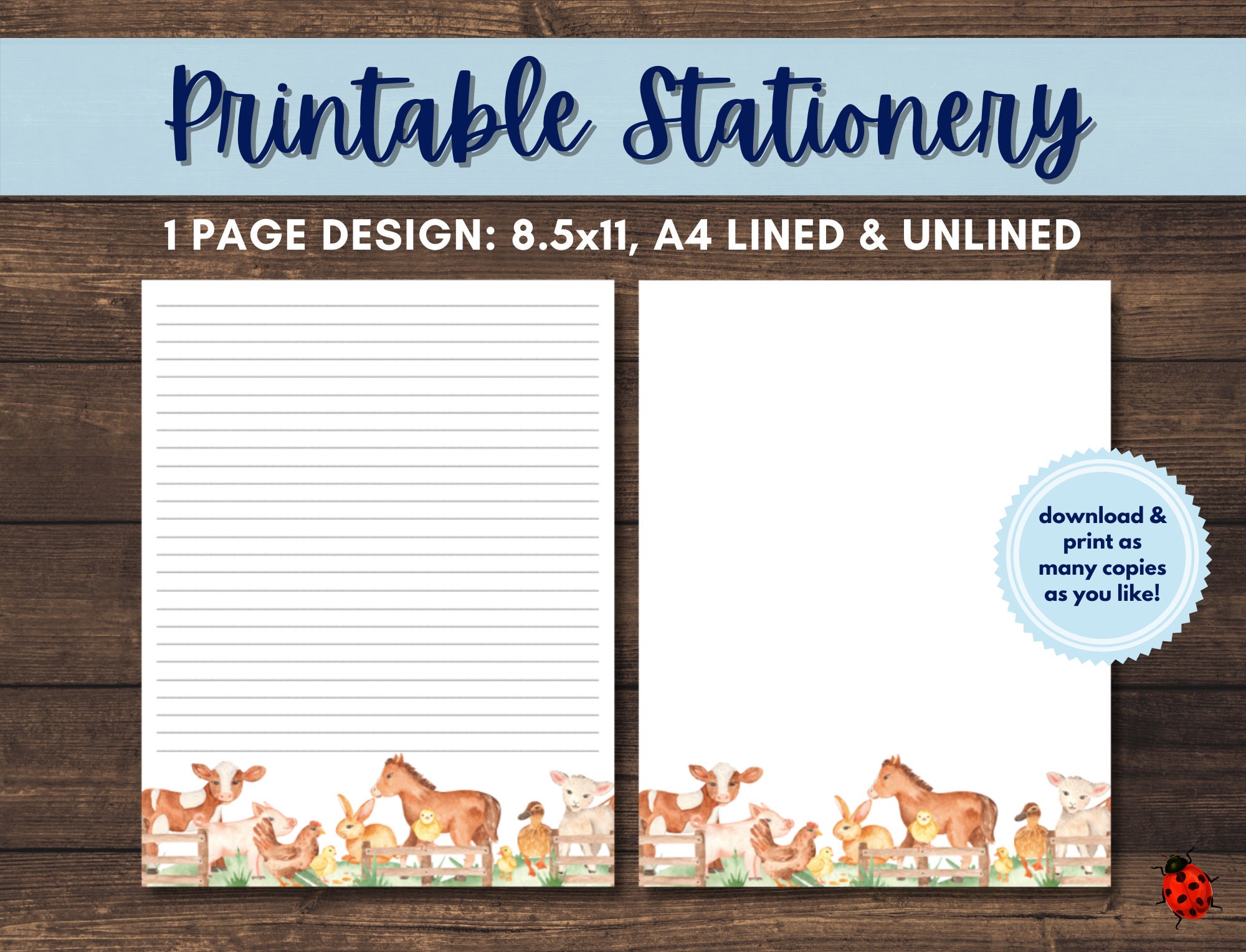 Printable Stationery Barnyard Animals A4 8.5x11 Instant Etsy