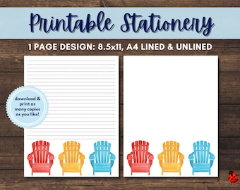 Briefpapier Adirondack Chairs: gelinieerd en ongevoerd briefpapier (digitale download)